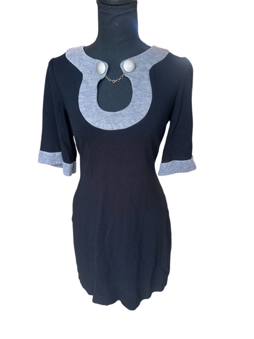 Trina Turk Black Dress with Gray Trim and Button Chain Accent